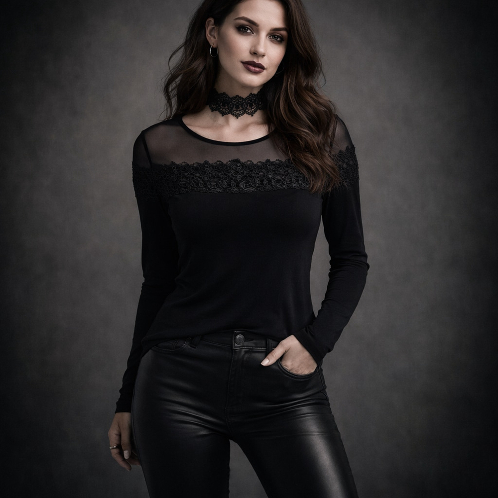 Black Sheer Mesh Lace Long Sleeve Top Romantic Gothic Minimalist Blouse Large